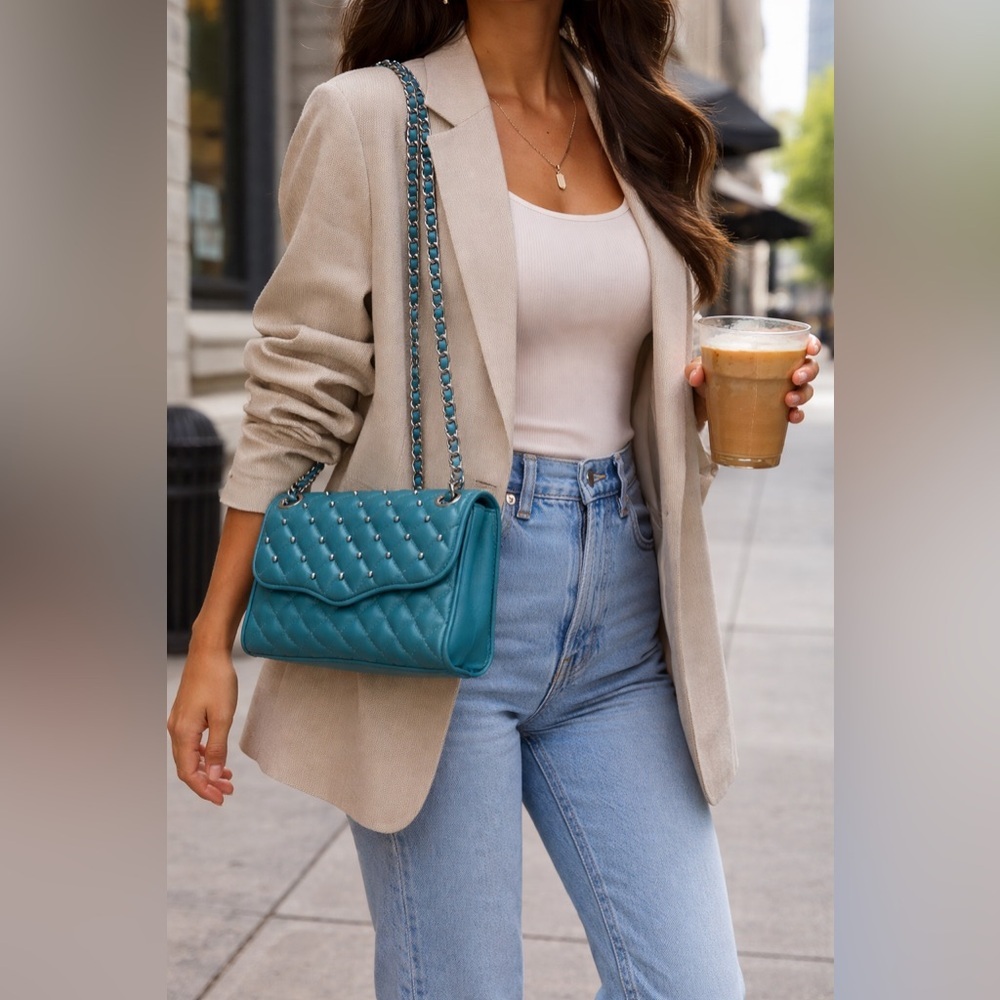 💙 Rebecca Minkoff Quilted Studded Chain Shoulder Bag – Teal Blue Leather